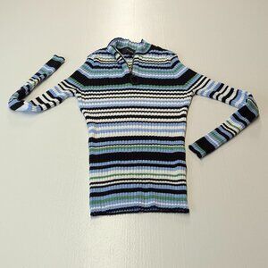 Chee-Cho Size Small Striped Knit Sweater Quarter-Zip Blues/Greens/Creams